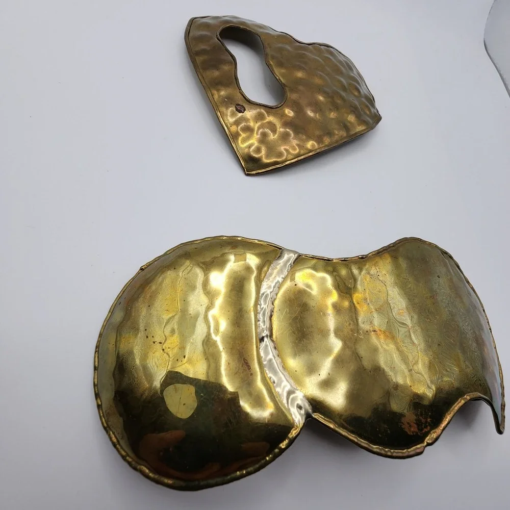 Vintage Artisan Hammered Brass Heart Scarf Clip Slide Brutalist Belt Buckle Pair